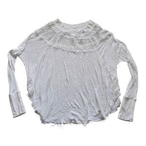 Free People White‎ Long Sleeve Waffle Knit Top Crochet Details Size M
